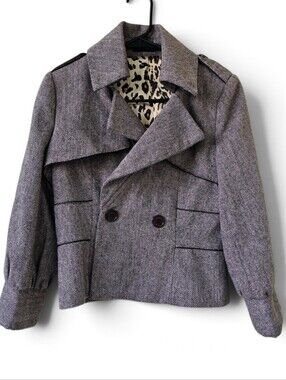 Gracia Fashion Herringbone Tweed Cropped Double Breasted Jacket Brown Size M